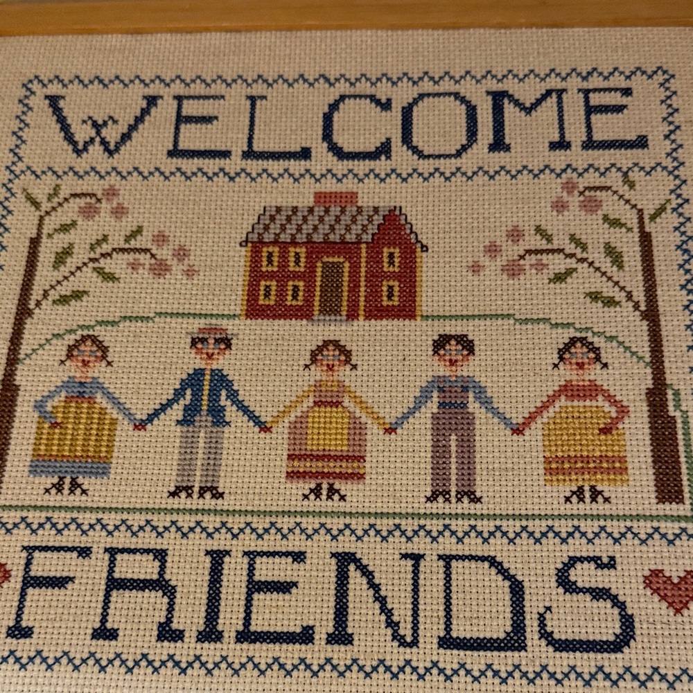 Welcome Friends Framed Needlework Wall Art - Blue and Cream - Picture 7 of 9